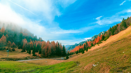 Clouds in the valley under the peak of Julian Alpsの写真素材