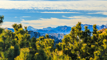 Sunny day in the carnic alps during a colorful autumnの写真素材