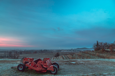 Foggy winter sunrise in the collio friulano, italyの写真素材