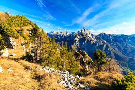 Sunny day in the carnic alps during a colorful autumnの写真素材
