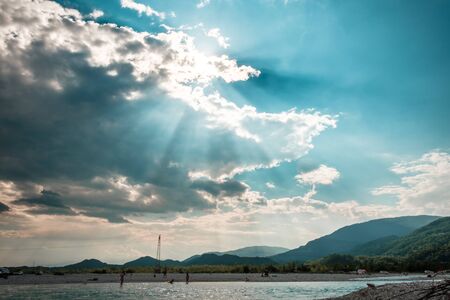 Storm over Tagliamento river in Friuli Venezia-Giulia region, Italyの写真素材