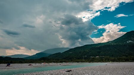 Storm over Tagliamento river in Friuli Venezia-Giulia region, Italyの写真素材