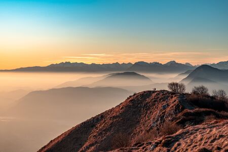 Sunset at the Cuarnan peak, Friuli-Venezia Giulia Region, in a freezing winter dayの写真素材