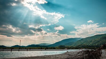Storm over Tagliamento river in Friuli Venezia-Giulia region, Italyの写真素材