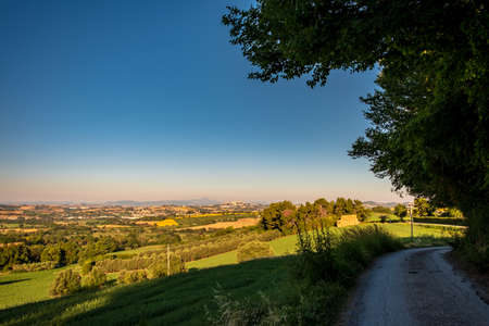 Sunrise in the fields of Marche from the village of Numanaの写真素材