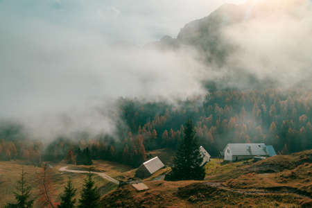 Clouds in the valley under the peak of Julian Alpsの写真素材