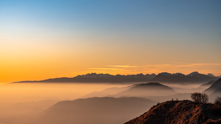 Sunset at the Cuarnan peak, Friuli-Venezia Giulia Region, in a freezing winter dayの写真素材