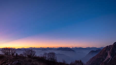Sunset at the Cuarnan peak, Friuli-Venezia Giulia Region, in a freezing winter dayの写真素材