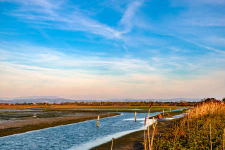 Sun goes down on the lagoon of Grado in a spring dayの写真素材
