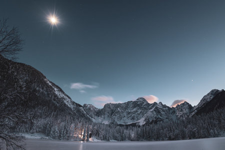 Frosty winter evening at the lakes of Fusine, Friuli Venezia Giulia, Italy