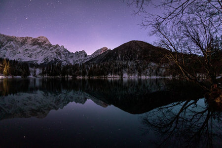Frosty winter sunset at the lakes of Fusine, Friuli Venezia Giulia, Italyの写真素材