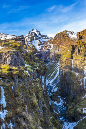 Winter morning at the MÃºlagljÃºfur Canyon in icelandの写真素材