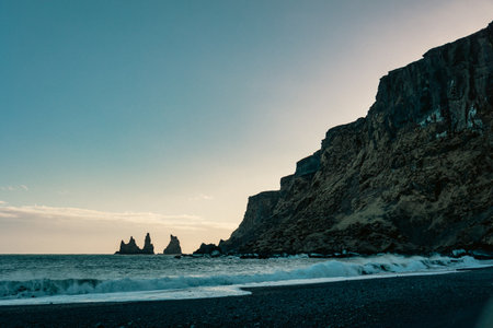 Reynisdrangar view from the black sand beach of Vik i myrdal