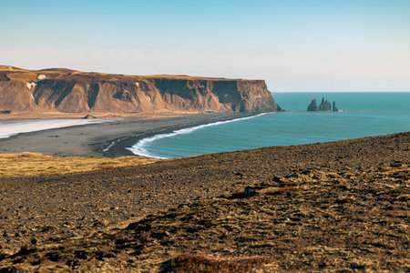 Empty sky, cold and windy in the Dyrholaey peninsula in a march dayの写真素材