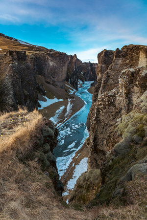 Winter evening at the fjadrargljufur Canyon in icelandの写真素材