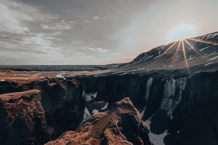 Winter evening at the fjadrargljufur Canyon in icelandの写真素材