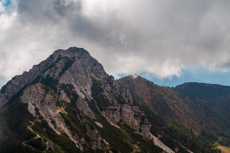 October foggy day in the alps of Friuli-Venezia Giulia, Italyの写真素材