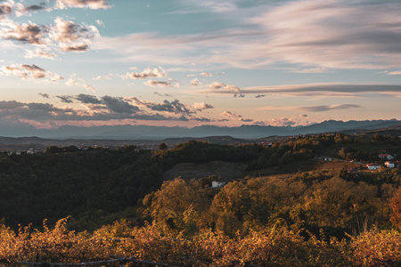 The sun goes down over the vineyards of Collio, Friuli Venezia Giulia, Italy