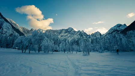 Frosty winter sunset at the lakes of Fusine, Friuli Venezia Giulia, Italyの写真素材