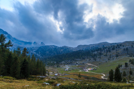 The italian dolomites of the Fanes-Sennes-Braies natural park during a colorful autumnの写真素材
