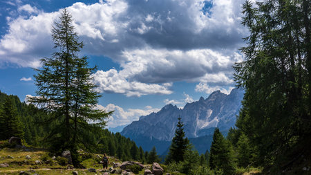 Sunny day in the Dolomiti of Sesto, Trentino Alto-Adige, Italyの写真素材