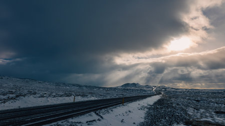 Driving in winter in Icelandの写真素材