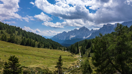 Sunny day in the Dolomiti of Sesto, Trentino Alto-Adige, Italyの写真素材