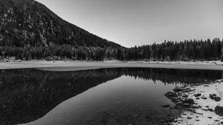 Frosty winter sunset at the lakes of Fusine, Friuli Venezia Giulia, Italyの写真素材