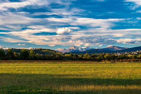 The sun goes down over the fields of Friuli Venezia Giulia, Italyの写真素材
