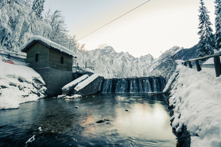 Frosty winter sunset at the lakes of Fusine, Friuli Venezia Giulia, Italyの写真素材