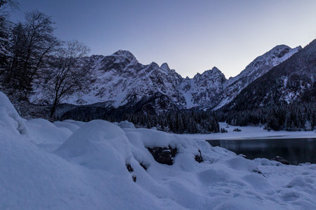 Frosty winter sunset at the lakes of Fusine, Friuli Venezia Giulia, Italyの写真素材