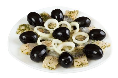 Fillet of herring with onion and olivesの写真素材