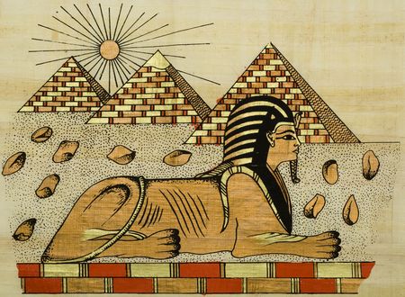 egyptian papyrus with scene of the sphinxの写真素材