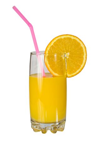 Glass of fresh orange juice isolated on whiteの写真素材