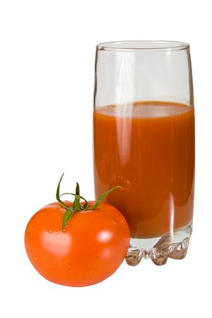 tomato and glass of tomato juice isolated on whiteの写真素材