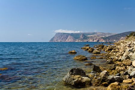 Tranquil sea landscape with rocky coastlineの写真素材