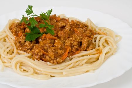 Spaghetti serve on plate with meatsの写真素材