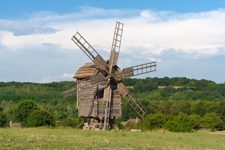 Landscape with one old windmill. Ukraineの写真素材