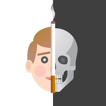 On the white half the face of a healthy person is painted, on the dark half the skull, the cigarette divides the image into two halves.のイラスト素材