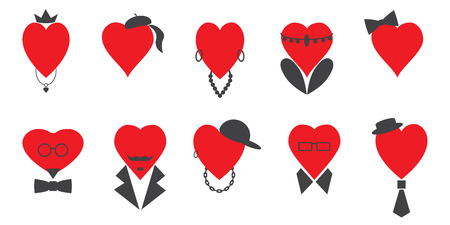 Set of vector red hearts of men and women with male and female attributes. Set of Valentines iconsのイラスト素材
