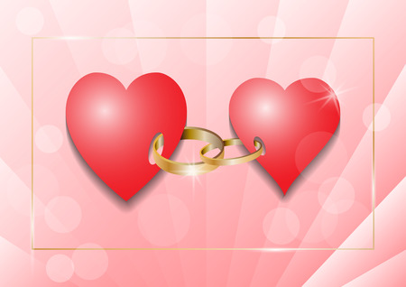 Two loving red hearts are joined by wedding rings. Cover for wedding greeting cardのイラスト素材