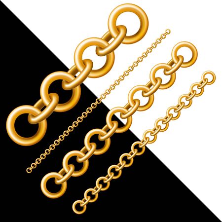 Gold chains of round shape in different sizes isolated on white and black backgrounds.のイラスト素材
