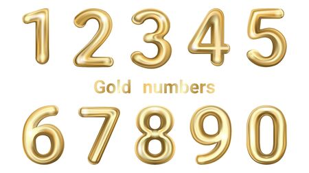 Golden vector numbers. Golden yellow metallic numbers. Gold 3d figures, stylish celebrating font.のイラスト素材