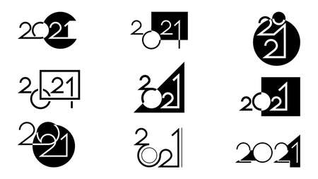 Set of black icons happy new year 2021 made in different styles and compositions using geometric symbols isolated on white background. Vector illustration.のイラスト素材