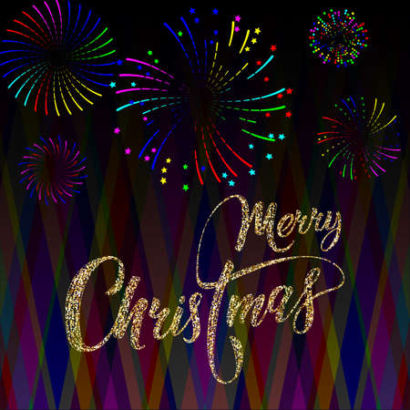 Gorgeous hand-lettering greeting merry christmas made in sparkling gold letters on festive abstract backgroundのイラスト素材