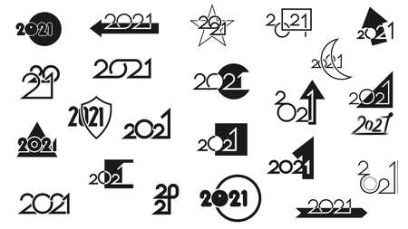 Set of black happy new year 2021 icons made in different styles and compositionsのイラスト素材