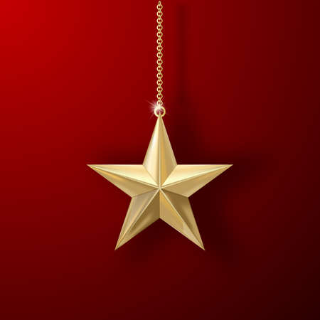 Gold Christmas star hanging on a gold chain on a festive dark background.のイラスト素材
