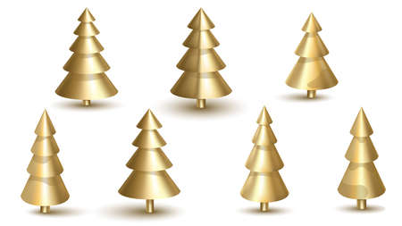 Set of golden Christmas trees. Realistic 3d figures of different shapesのイラスト素材