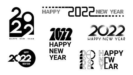 Set of flat black icons happy new year 2022, different shapes are used, and composition of numbers isolated on white background. Numbers 2022 in realistic, abstract and geometric styles.のイラスト素材