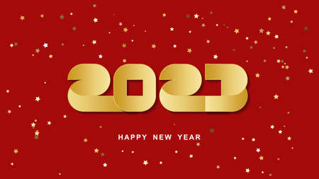 Creative greetings for the new year 2023 in the form of geometric golden figures on a festive starry...